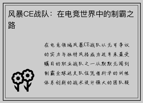 风暴CE战队：在电竞世界中的制霸之路